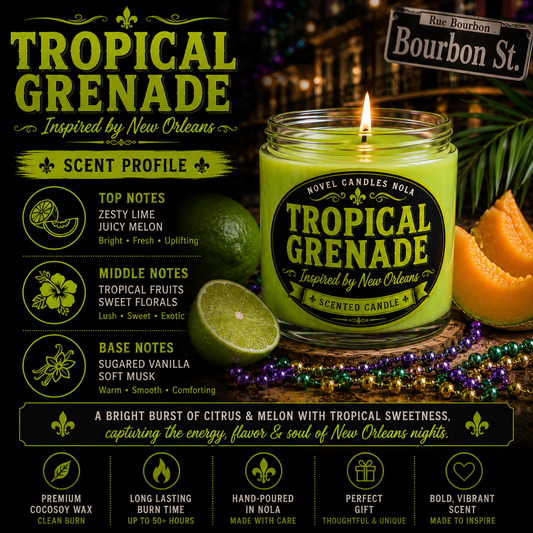 TROPICAL GRENADE Candle | New Orleans Inspired Citrus Melon Cocktail Scent | Novelty Neon Green Candle | Bourbon Street Gift | NOLA Souvenir