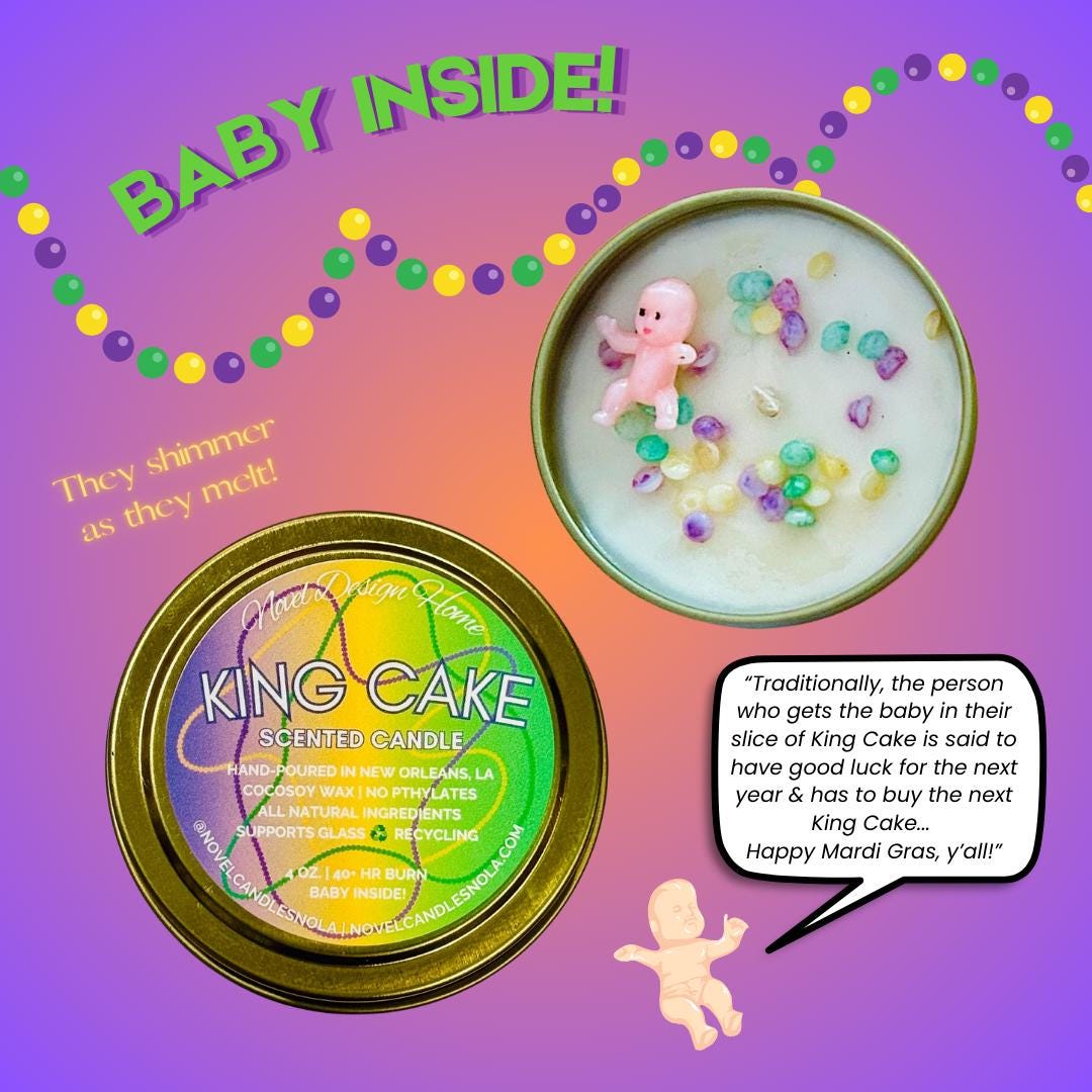 King Cake Scented Candle with Baby | Mardi Gras Decor, NOLA Gift