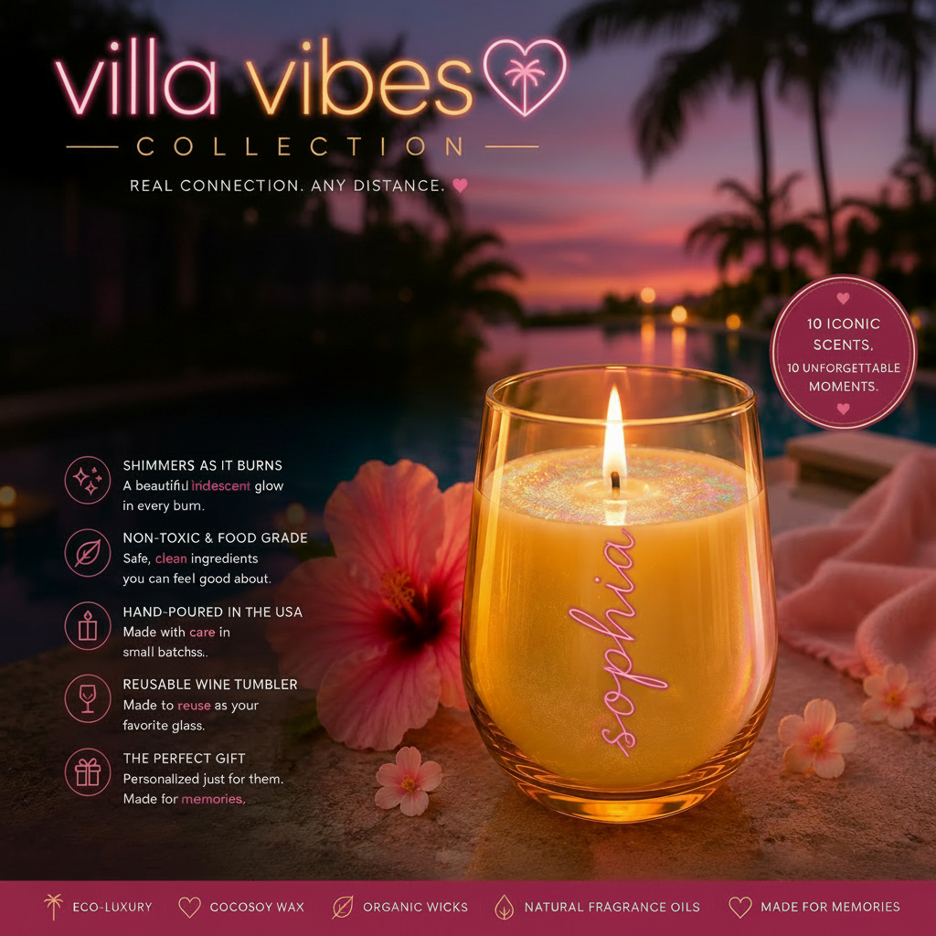 Personalized Villa Wine Tumbler Candle 🏝️ | Fiji Island USA Villa Inspired Coconut Soy Candles | Tropical Vacation Scented | Summer Gift | Limited Edition
