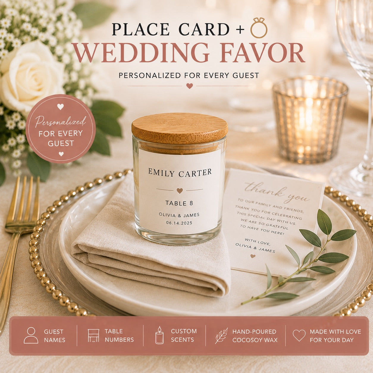 Personalized Wedding Place Card Candle | Custom Wedding Favor | Guest Name Candle | Table Number Candle | Wedding Reception Decor
