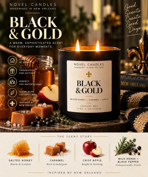 Black & Gold Candle, Salted Honey Caramel Fresh Apple Herbs Scent, New Orleans Candle, Unisex Fall Candle, Louisiana Gift, Game Day Gift
