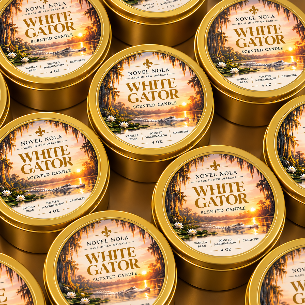 4 oz Gold Tin White Gator Candle | New Orleans Candle, Vanilla, Cashmere, Marshmallow Cream, Rum & Vetiver Scent | Louisiana Gift