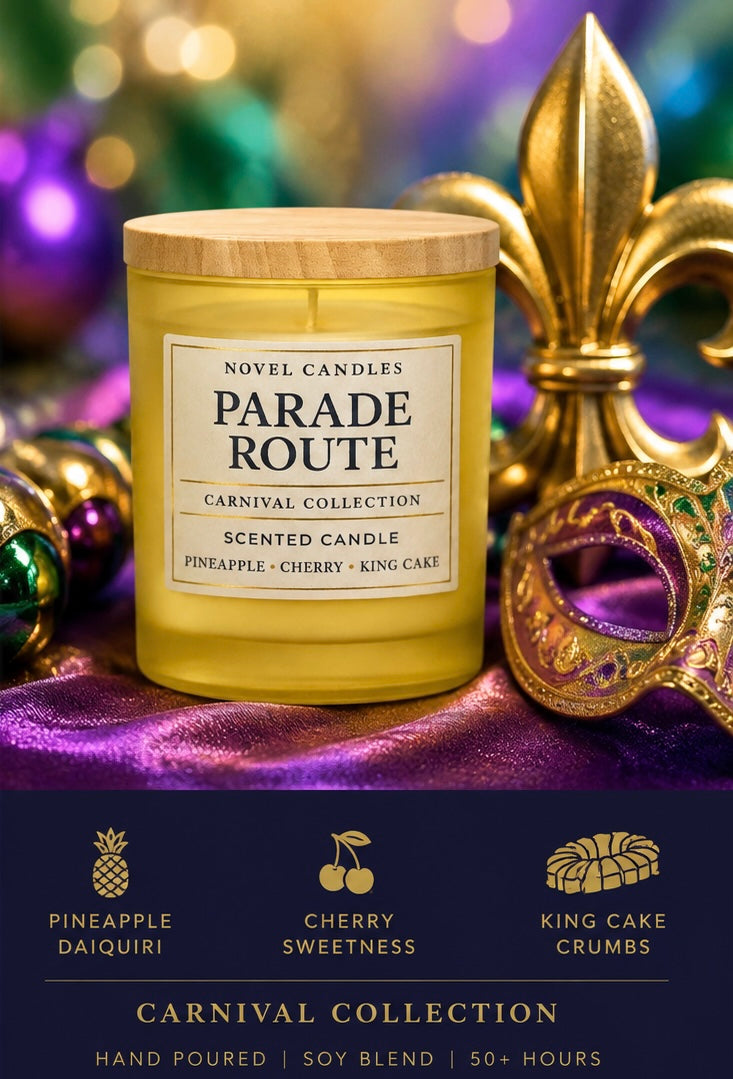Parade Route Scented Candle — Mardi Gras Themed Gift with Wood Lid, Pineapple, Cherry, Coconut Scent, Made in New Orleans