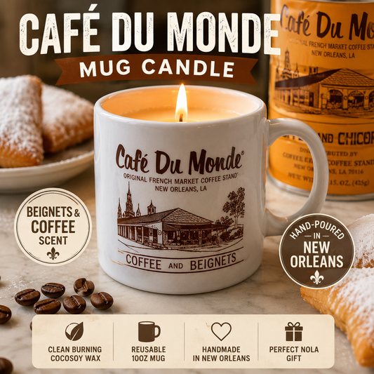Official Cafe Du Monde Mug Candle – Beignets & Coffee Scent, 10oz Reusable Coffee Mug, New Orleans Souvenir Gift
