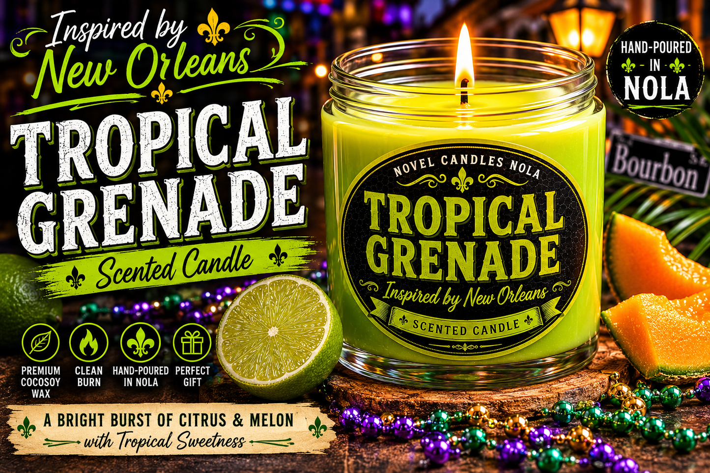 TROPICAL GRENADE Candle | New Orleans Inspired Citrus Melon Cocktail Scent | Novelty Neon Green Candle | Bourbon Street Gift | NOLA Souvenir