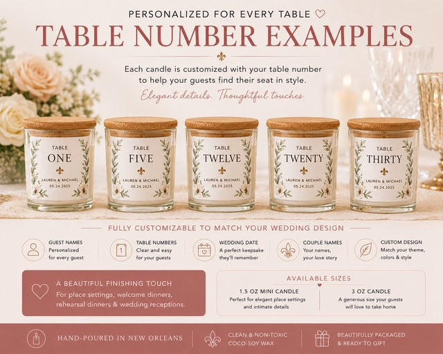 Personalized Wedding Place Card Candle | Custom Wedding Favor | Guest Name Candle | Table Number Candle | Wedding Reception Decor