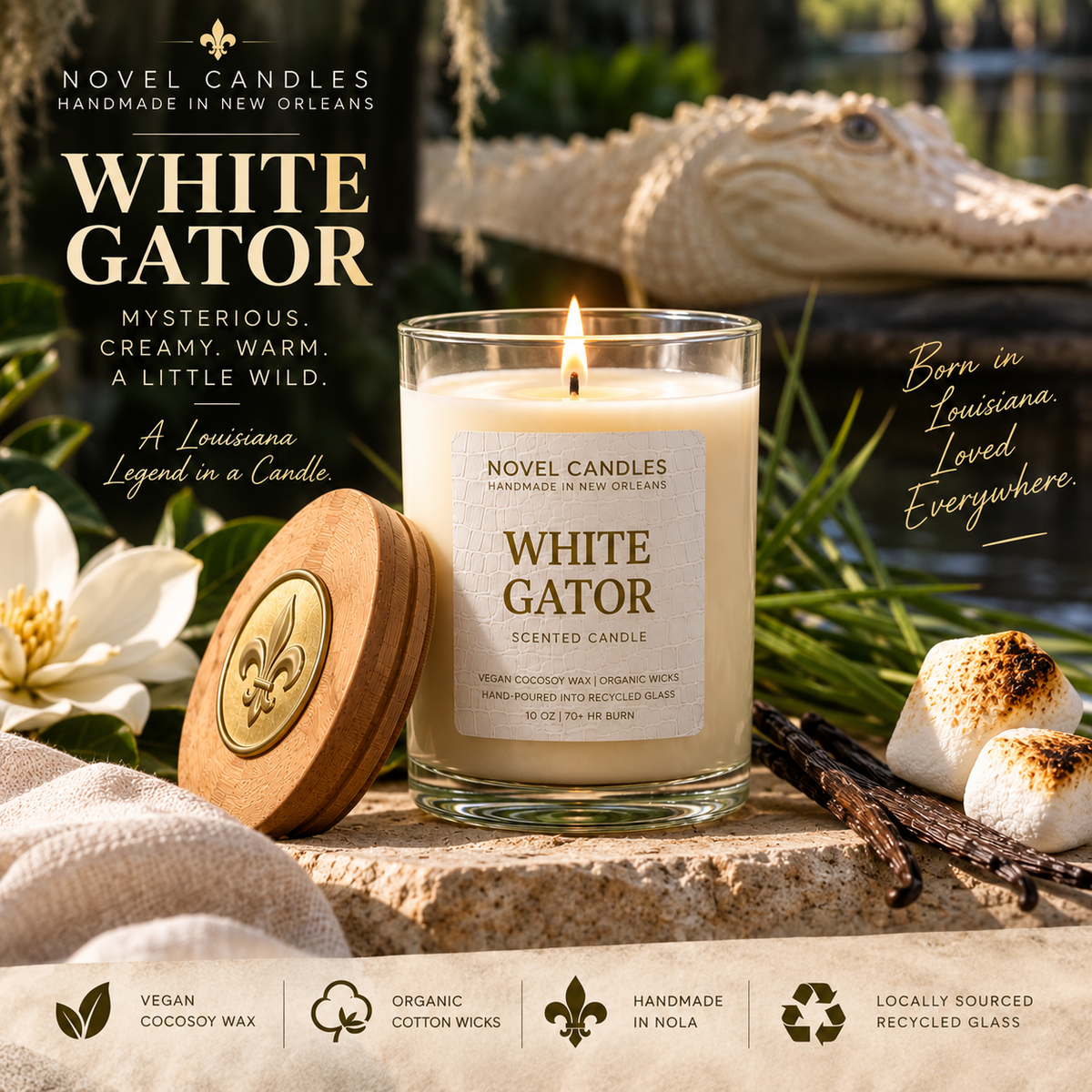 White Gator Candle — Gourmand Vanilla Marshmallow Scent, Handmade in New Orleans Louisiana, Recycled Glass