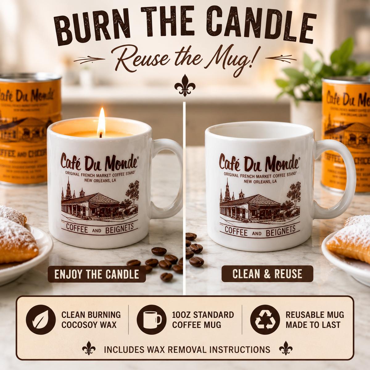 Official Cafe Du Monde Mug Candle – Beignets & Coffee Scent, 10oz Reusable Coffee Mug, New Orleans Souvenir Gift