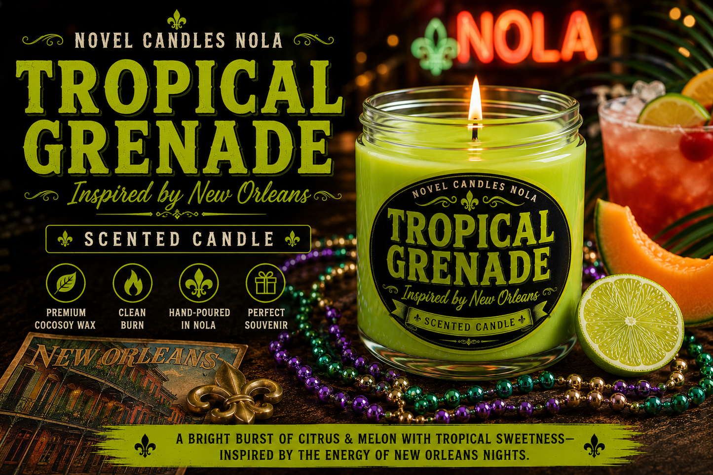 TROPICAL GRENADE Candle | New Orleans Inspired Citrus Melon Cocktail Scent | Novelty Neon Green Candle | Bourbon Street Gift | NOLA Souvenir
