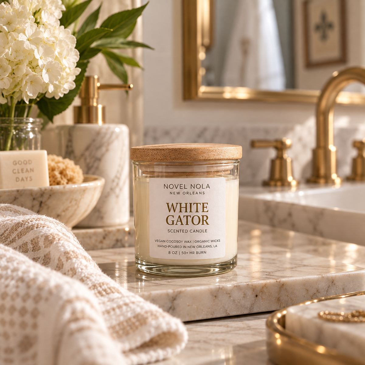 White Gator Candle — Gourmand Vanilla Marshmallow Scent, Handmade in New Orleans Louisiana, Recycled Glass