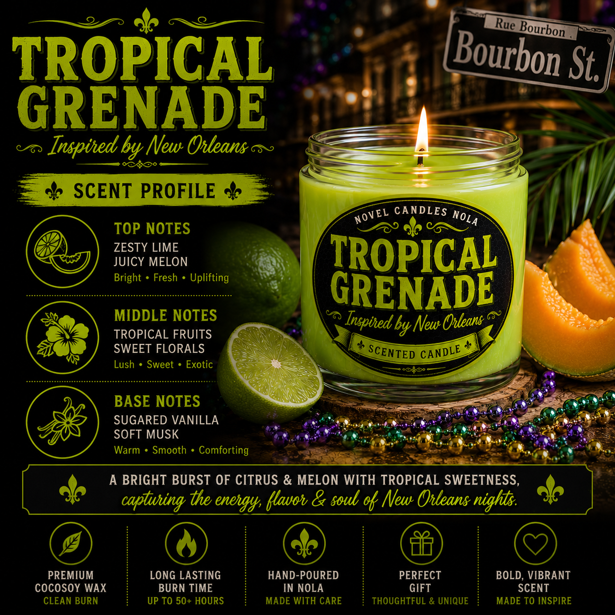 TROPICAL GRENADE Candle | New Orleans Inspired Citrus Melon Cocktail Scent | Novelty Neon Green Candle | Bourbon Street Gift | NOLA Souvenir