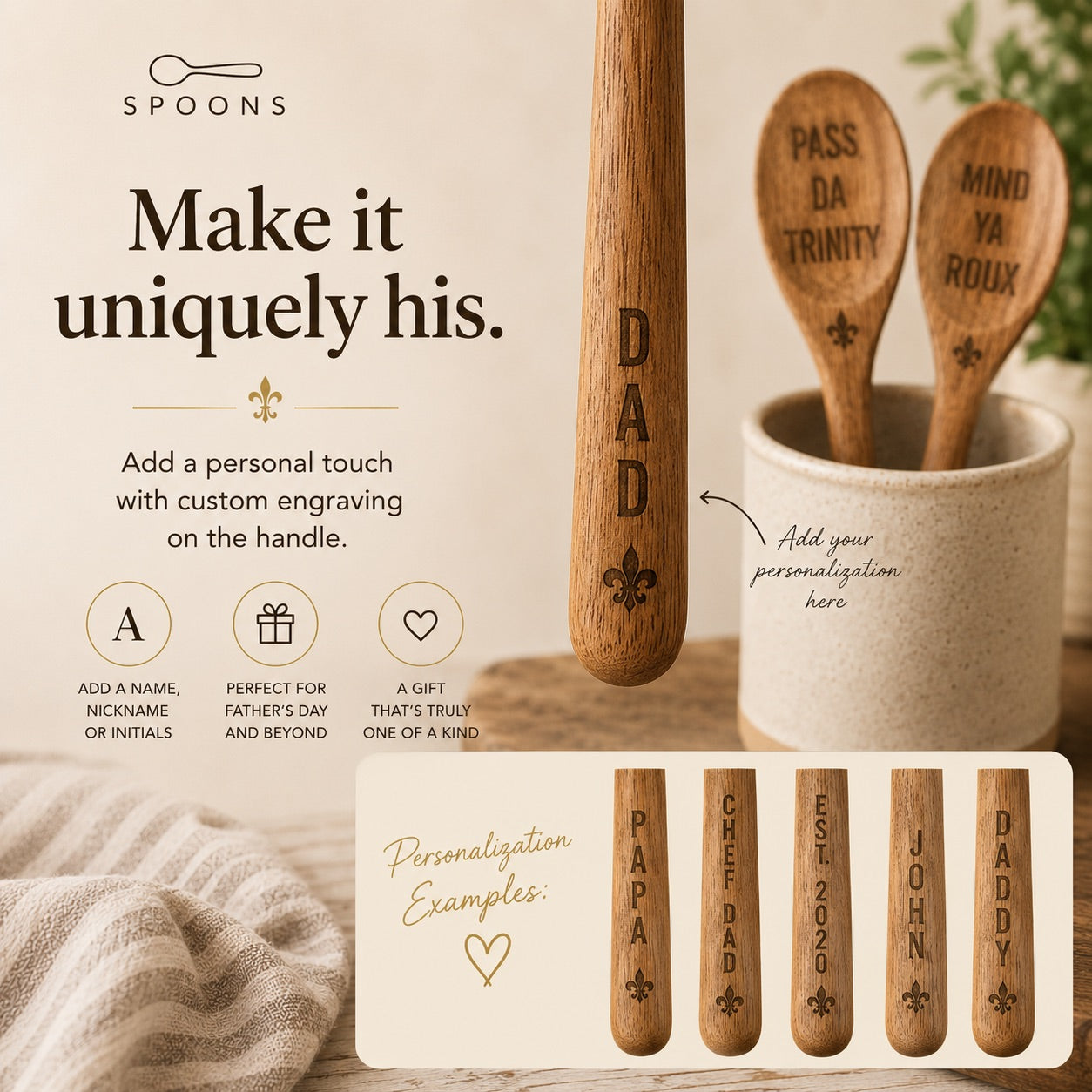 Personalized Cajun Roux Spoon | Engraved Wooden Cooking Spoon | “It Had To Be Roux” | Mind Ya Roux | Pass Da Trinity | Custom Handwriting Gift