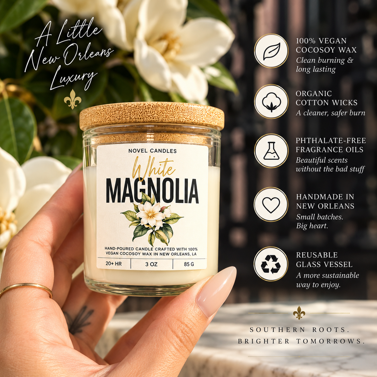 White Magnolia Scented Candle • Fresh Floral, Jasmine & Gardenia Scent, Handmade in New Orleans, Southern Home Decor in Reusable Glass
