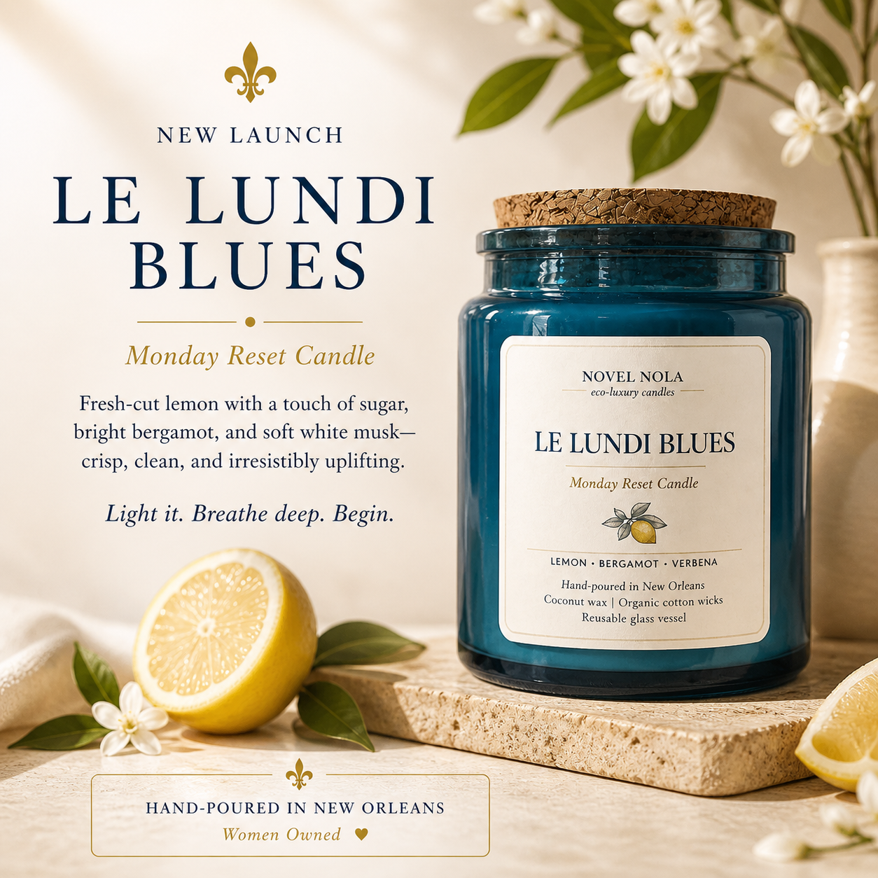 LUNDI BLUES Lemon Candle | Bright Citrus Ritual Candle | Monday Reset | Fresh Lemon Scent | Eco-Luxury Hand-Poured Candle