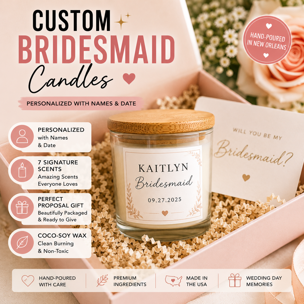 Personalized Bridesmaid Proposal Candle | Custom Maid of Honor Gift | Bridal Party Candle | Wedding Proposal Box Gift | Handmade in New Orleans
