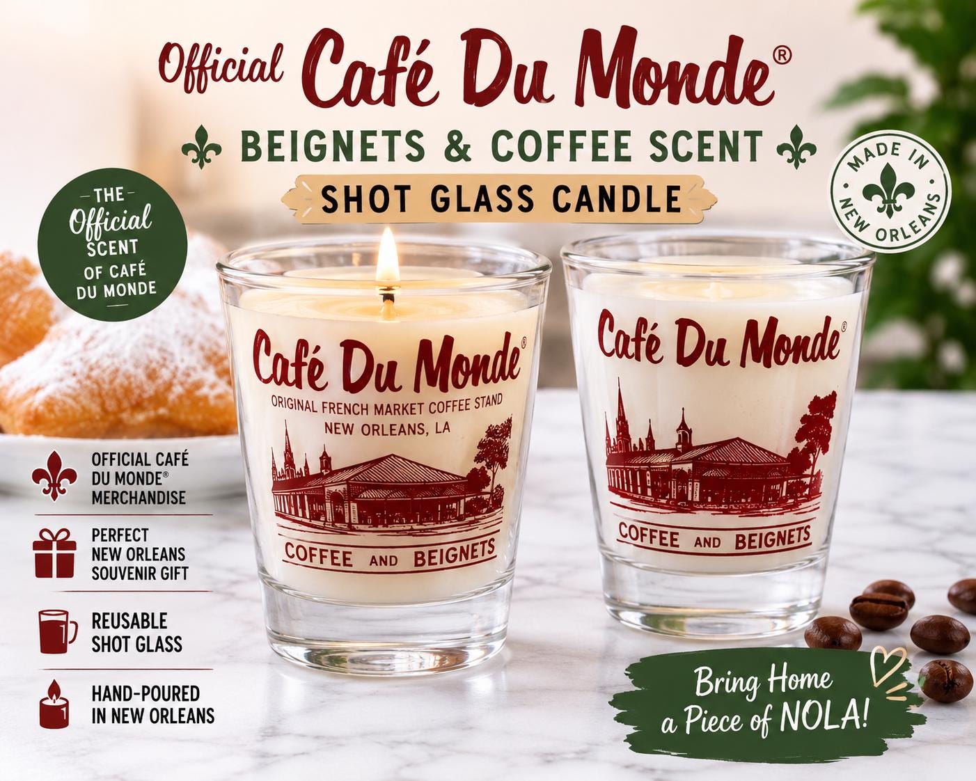 Official Café Du Monde Shot Glass Candle – Beignets & Coffee Scent, New Orleans Souvenir Gift, Reusable Shot Glass, French Quarter Favorite