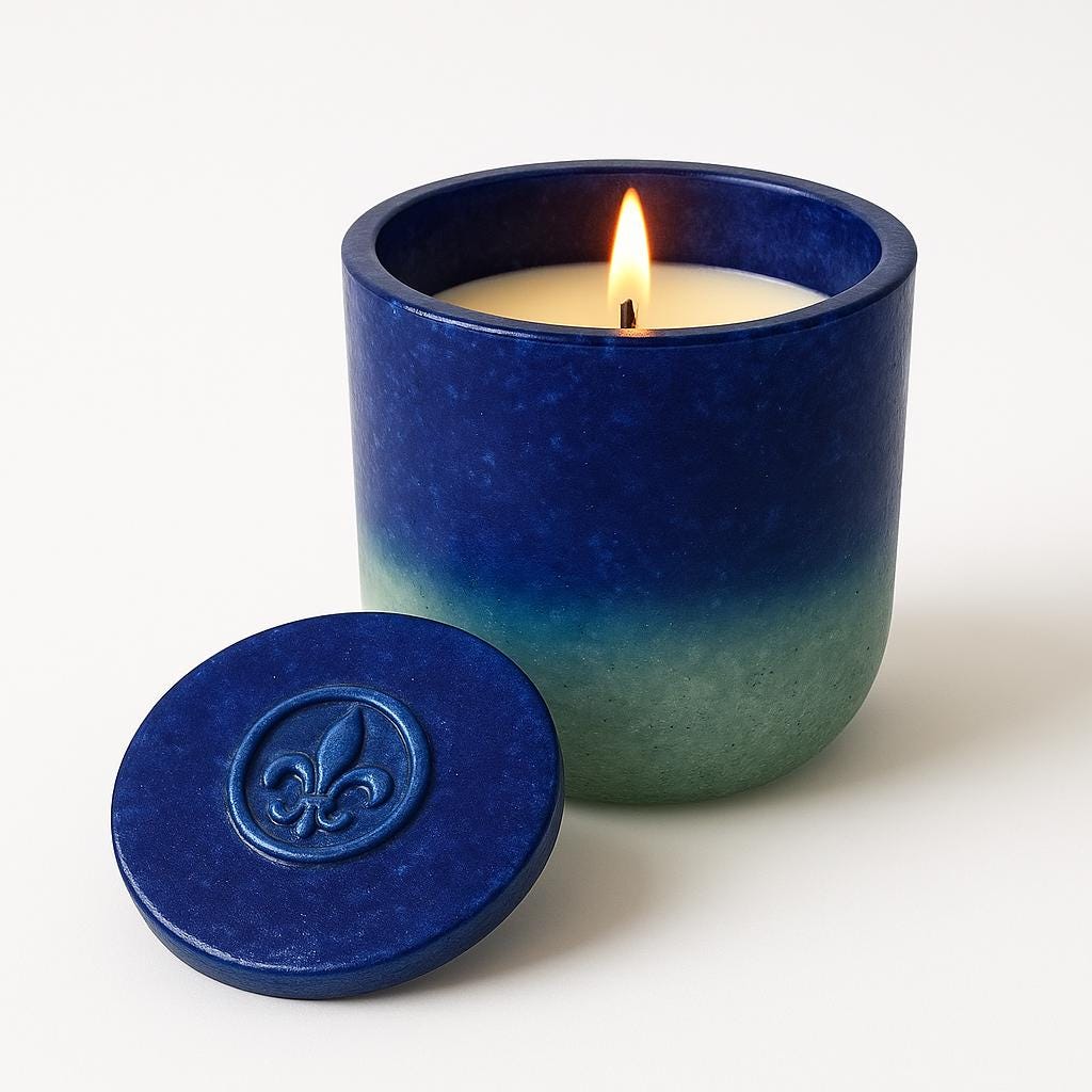 Blue Egret Candle: Citrus Sage Scent, Recycled Glass NOLA Gift