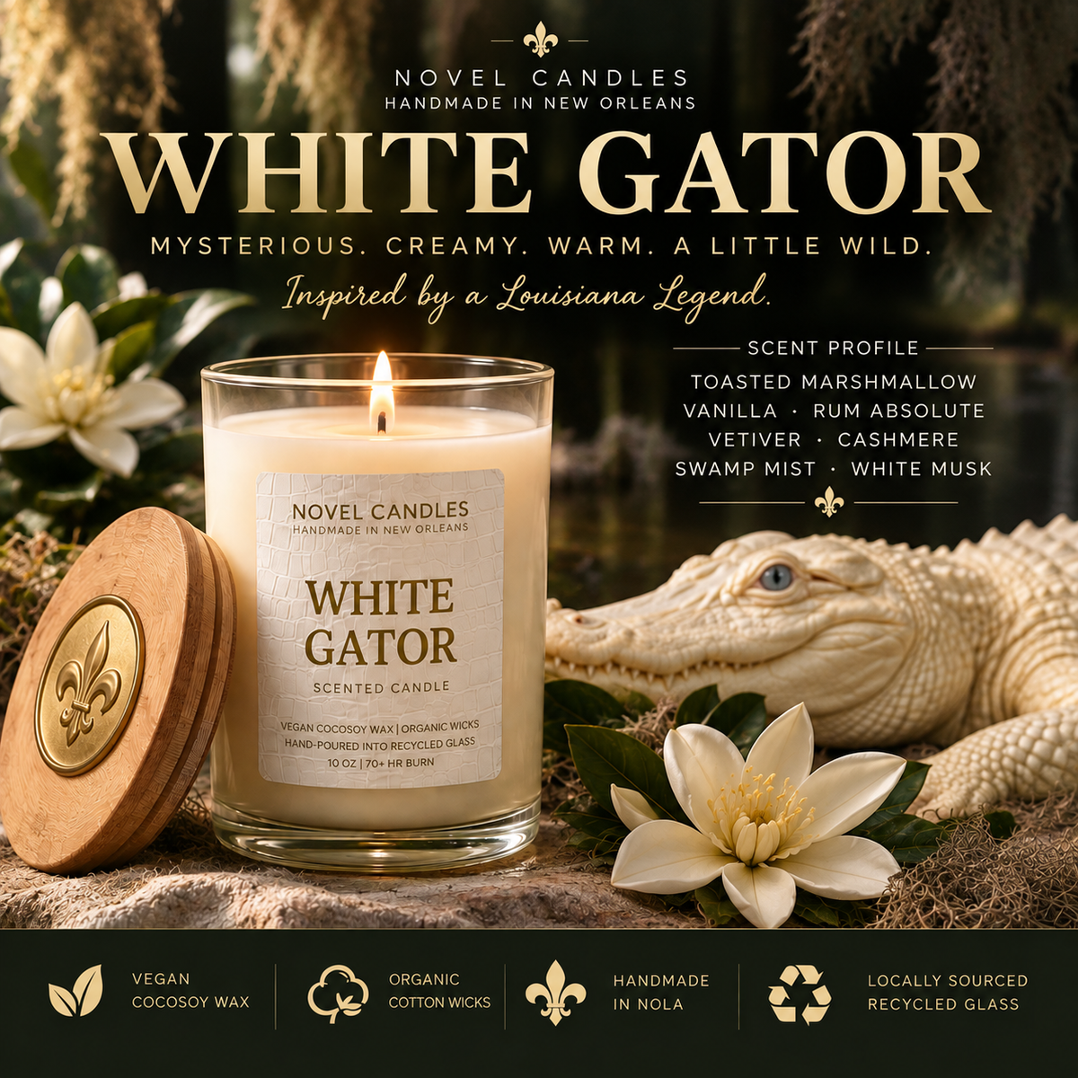 White Gator Candle — Gourmand Vanilla Marshmallow Scent, Handmade in New Orleans Louisiana, Recycled Glass