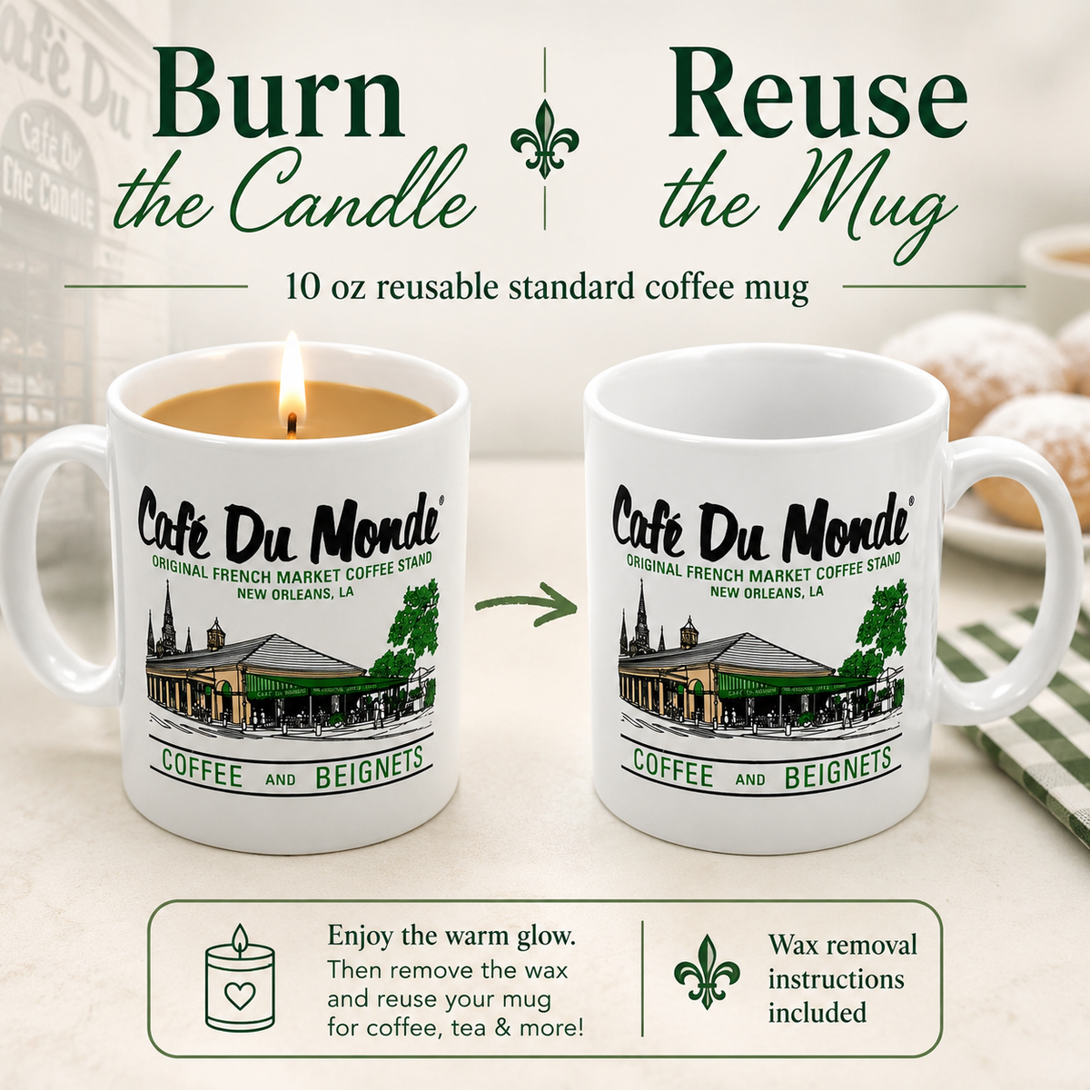 Official Cafe Du Monde Mug Candle – Beignets & Coffee Scent, 10oz Reusable Coffee Mug, New Orleans Souvenir Gift