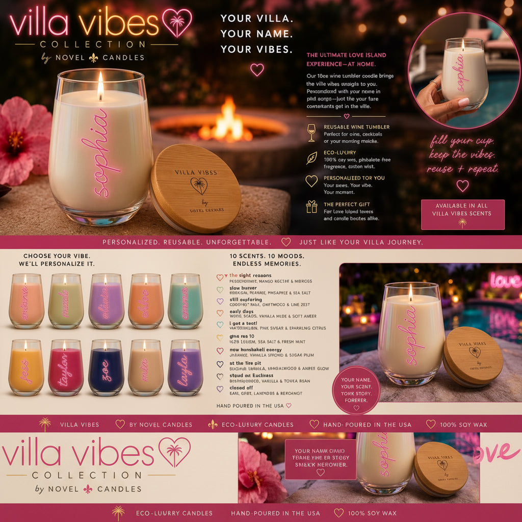 Personalized Villa Wine Tumbler Candle 🏝️ | Fiji Island USA Villa Inspired Coconut Soy Candles | Tropical Vacation Scented | Summer Gift | Limited Edition