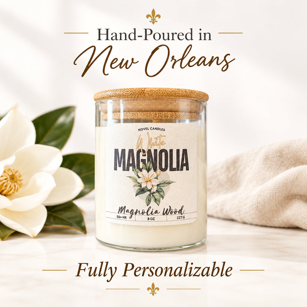 White Magnolia Scented Candle • Fresh Floral, Jasmine & Gardenia Scent, Handmade in New Orleans, Southern Home Decor in Reusable Glass