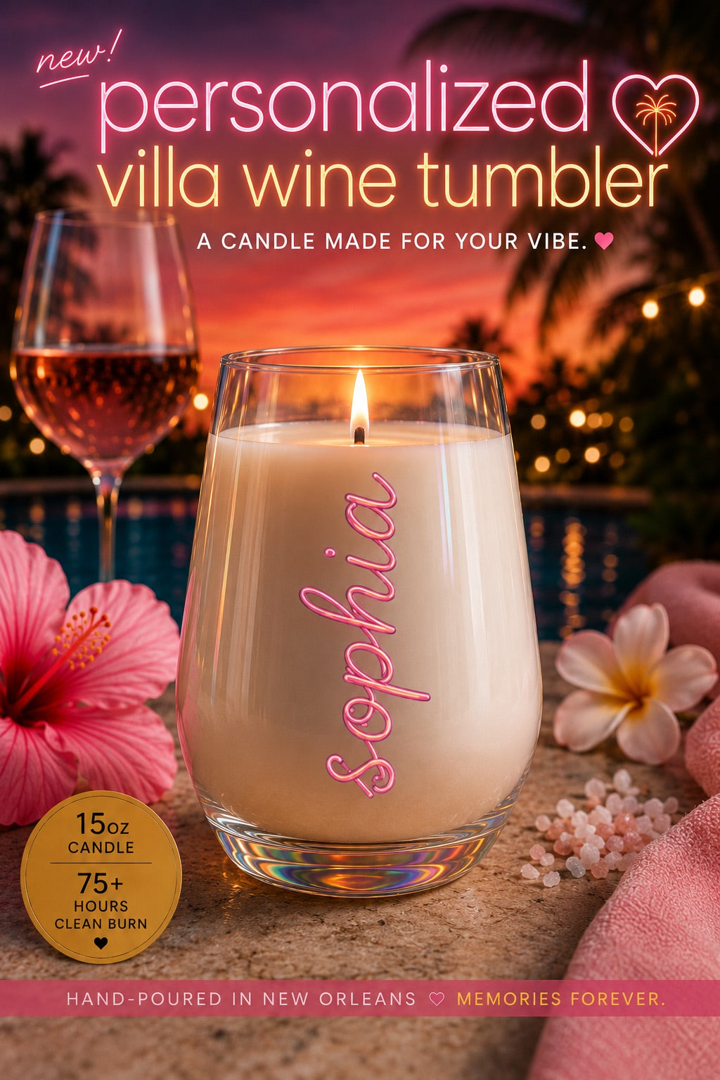 Personalized Villa Wine Tumbler Candle 🏝️ | Fiji Island USA Villa Inspired Coconut Soy Candles | Tropical Vacation Scented | Summer Gift | Limited Edition