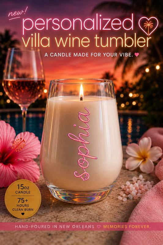Personalized Villa Wine Tumbler Candle 🏝️ | Fiji Island USA Villa Inspired Coconut Soy Candles | Tropical Vacation Scented | Summer Gift | Limited Edition