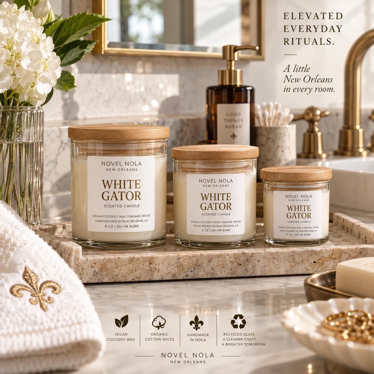 White Gator Candle — Gourmand Vanilla Marshmallow Scent, Handmade in New Orleans Louisiana, Recycled Glass