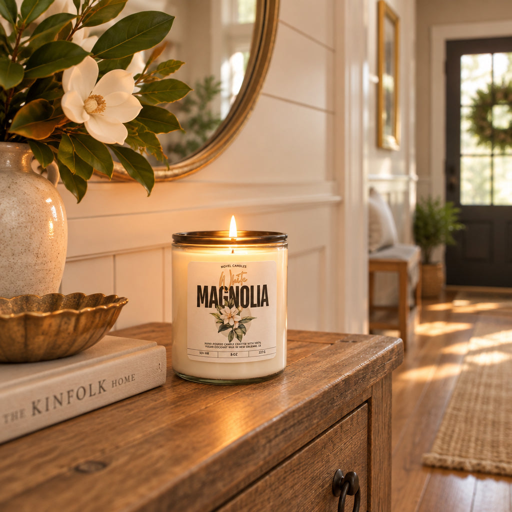 White Magnolia Scented Candle • Fresh Floral, Jasmine & Gardenia Scent, Handmade in New Orleans, Southern Home Decor in Reusable Glass