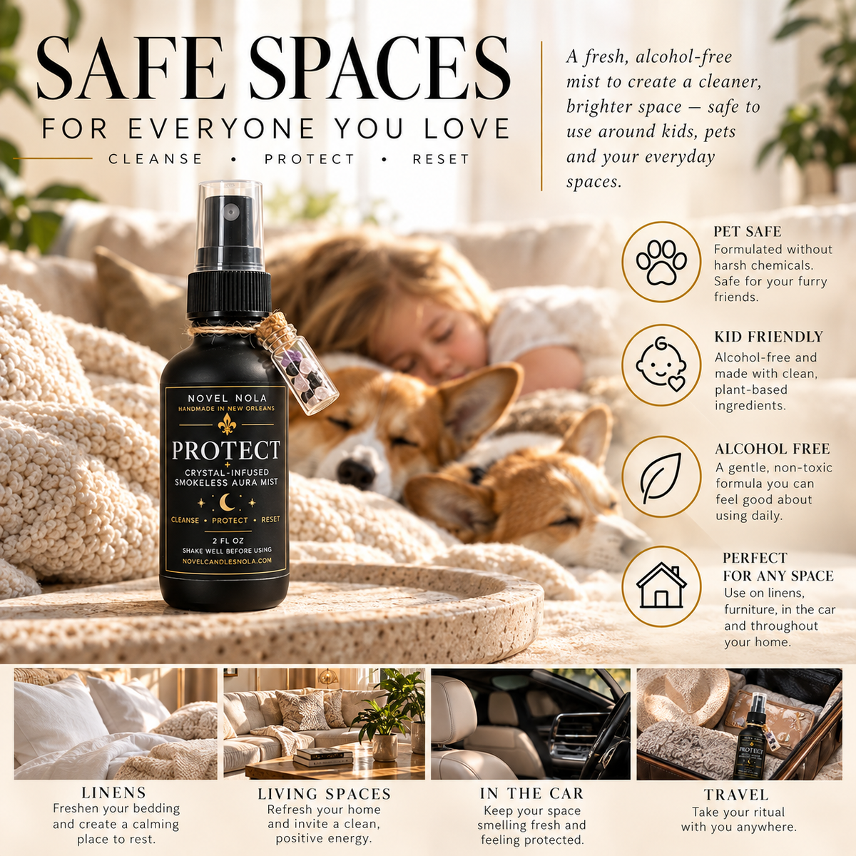 PROTECT Aura Protection Spritz — Smokeless Smudge Palo Santo & Sage Room Spray: Crystal Infused Energy Cleansing Mist
