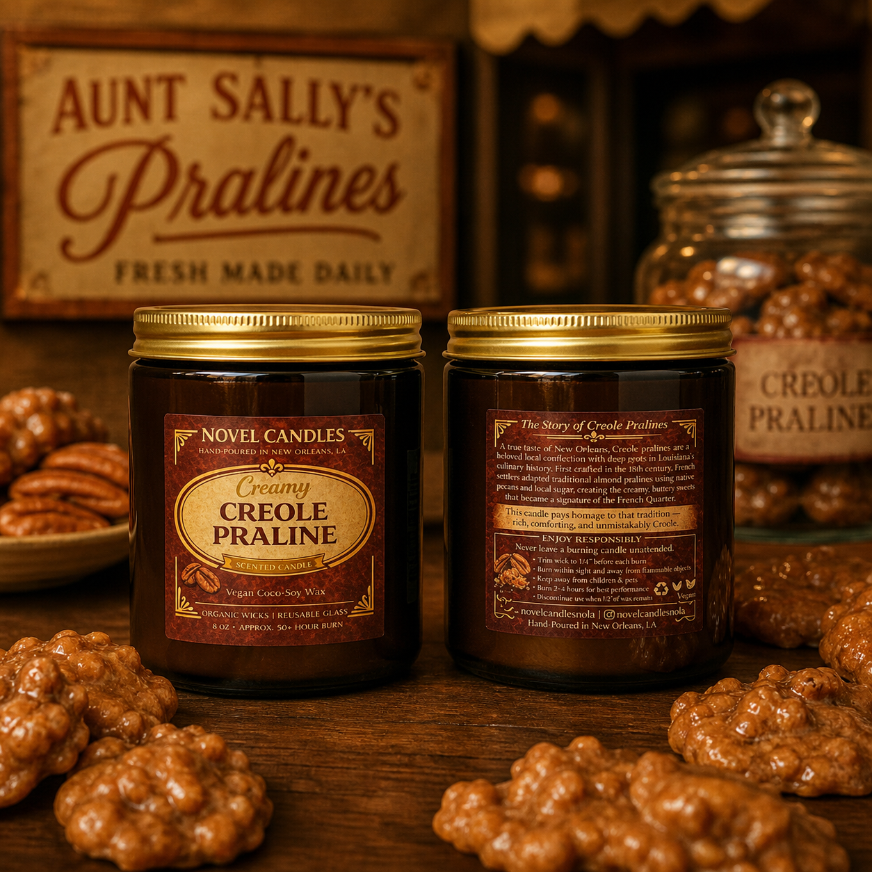 8 oz Creamy Creole Praline Candle | Buttery Pecan & Brown Sugar Scent | Handmade in New Orleans Inspired | Vegan Coco-Soy Wax | Reusable Glass