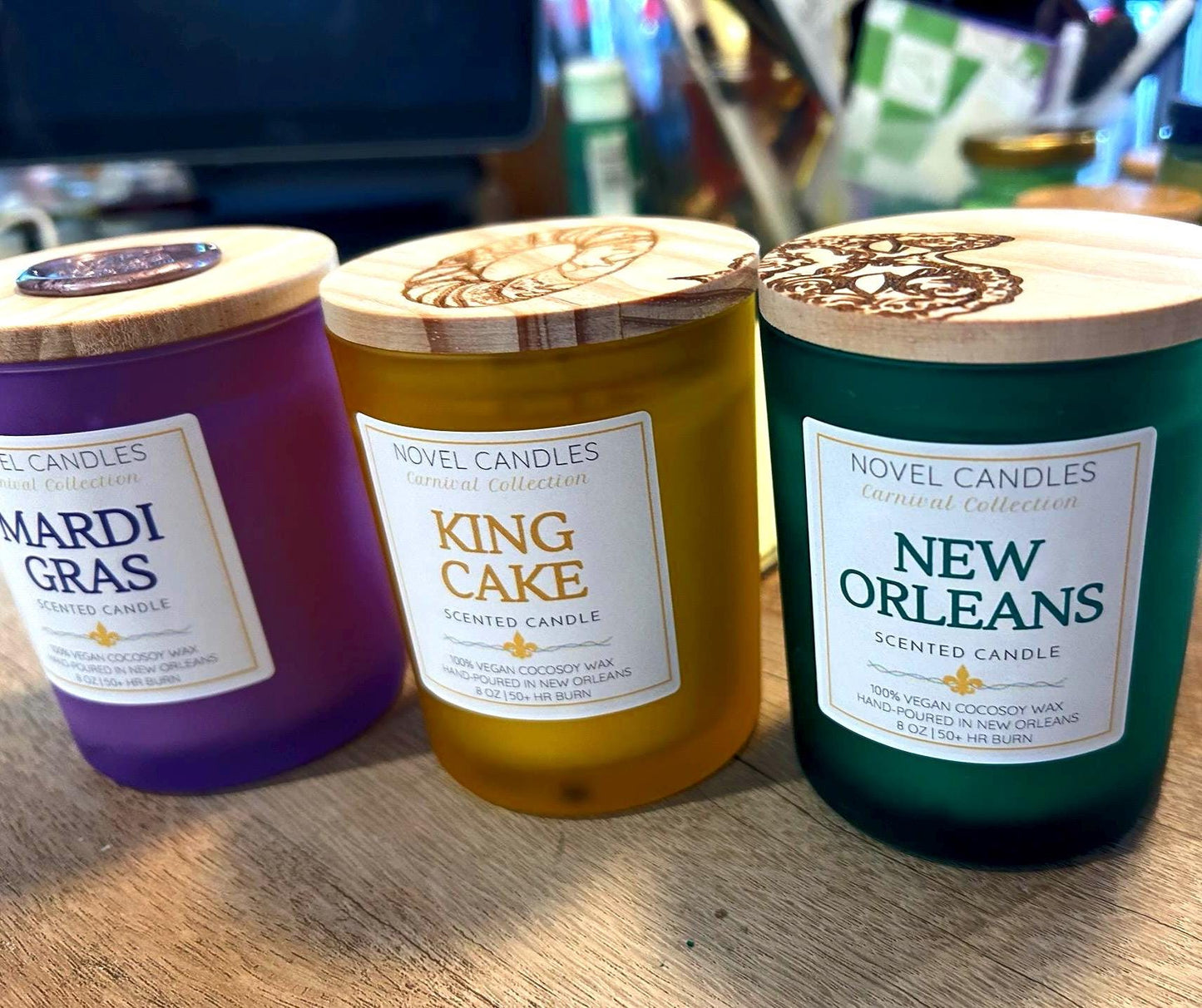 Mardi Gras Candle Trio Gift Set – New Orleans Scents, Wood Lids
