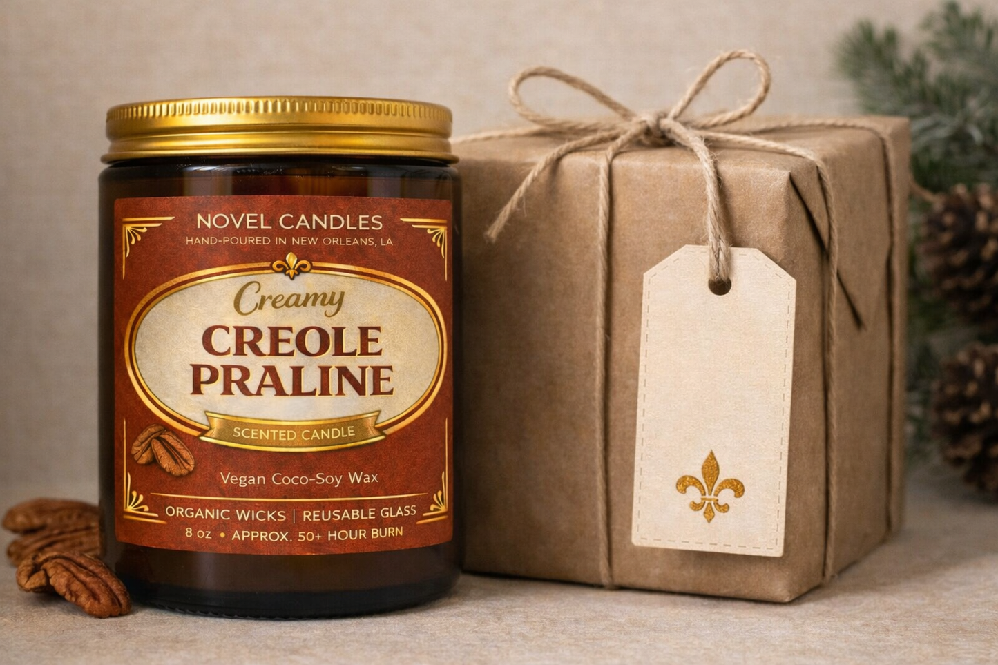 8 oz Creamy Creole Praline Candle | Buttery Pecan & Brown Sugar Scent | Handmade in New Orleans Inspired | Vegan Coco-Soy Wax | Reusable Glass