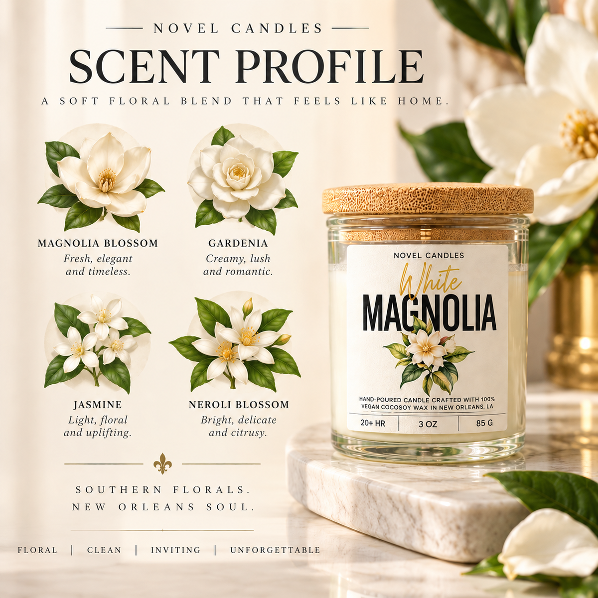 White Magnolia Scented Candle • Fresh Floral, Jasmine & Gardenia Scent, Handmade in New Orleans, Southern Home Decor in Reusable Glass