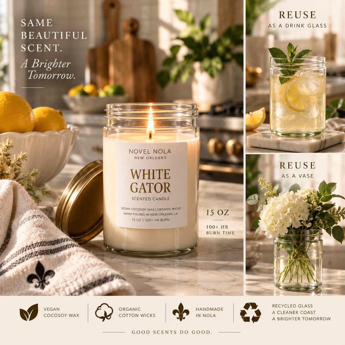 White Gator Candle — Gourmand Vanilla Marshmallow Scent, Handmade in New Orleans Louisiana, Recycled Glass