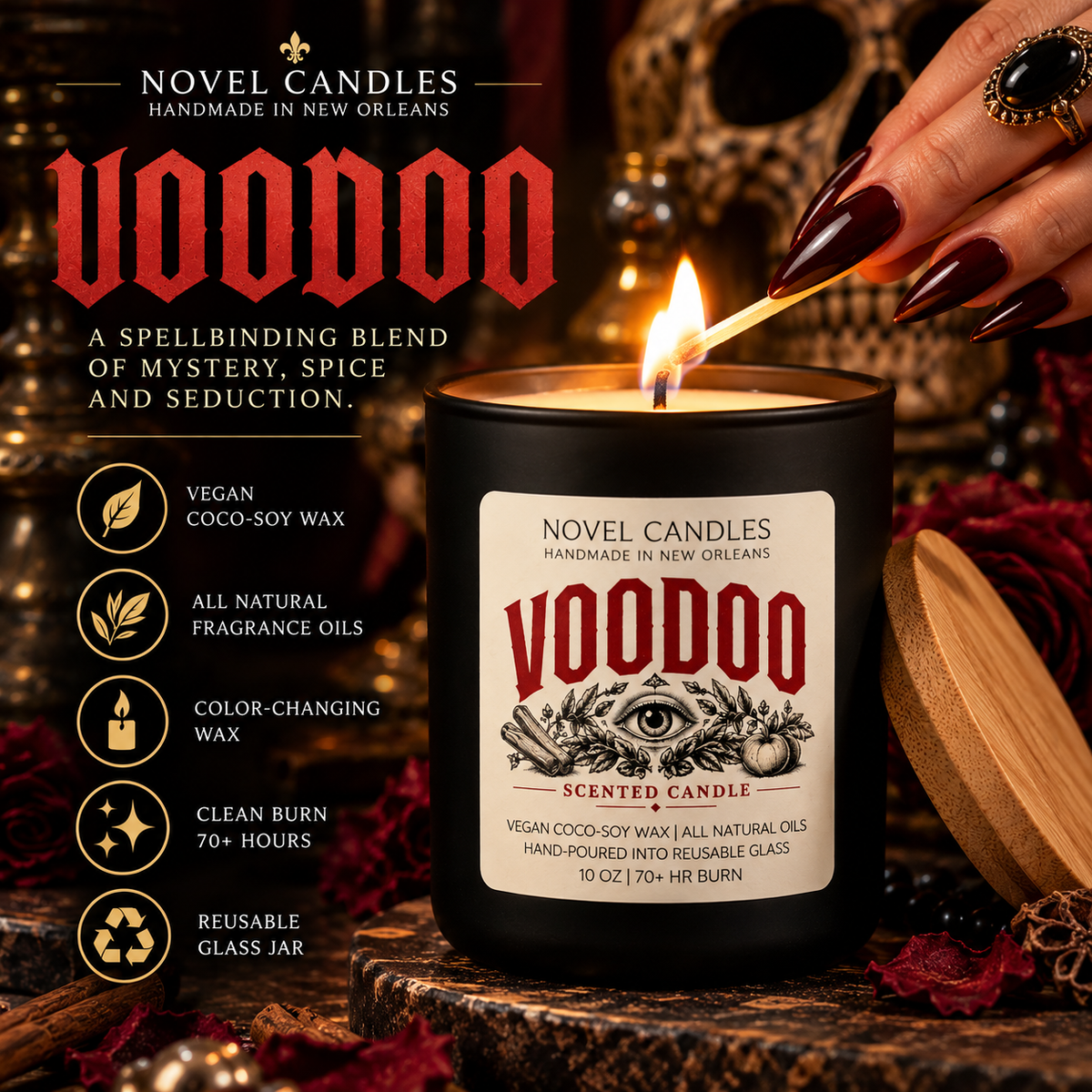 VOODOO Candle: Apple Cinnamon Palo Santo Sage Scented, Color-Changing Wax, Made in New Orleans Themed Halloween Fall Witchy Candle