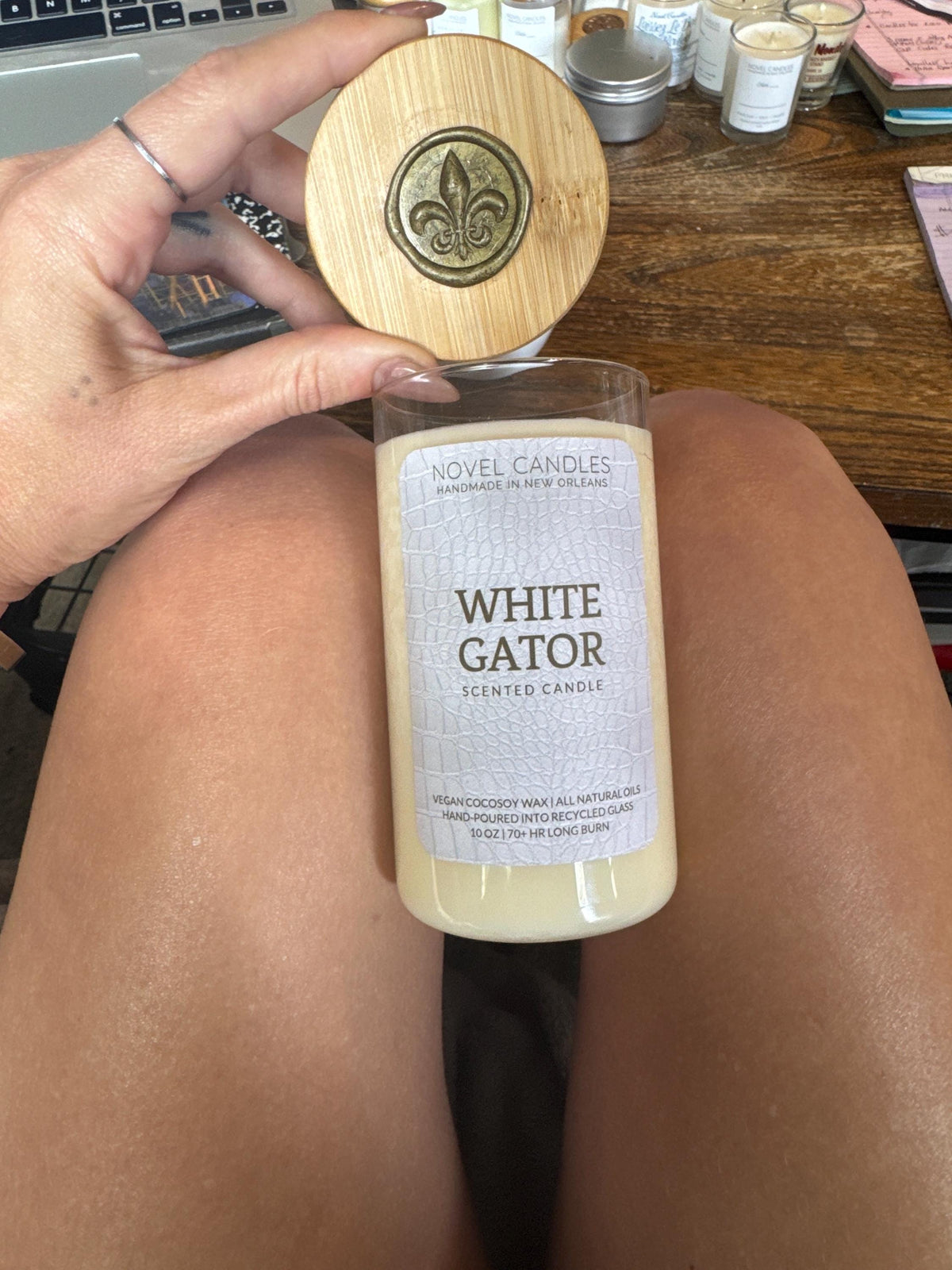 White Gator Candle — Gourmand Vanilla Marshmallow Scent, Handmade in New Orleans Louisiana, Recycled Glass