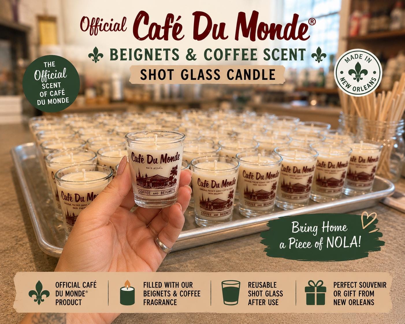 Official Café Du Monde Shot Glass Candle – Beignets & Coffee Scent, New Orleans Souvenir Gift, Reusable Shot Glass, French Quarter Favorite