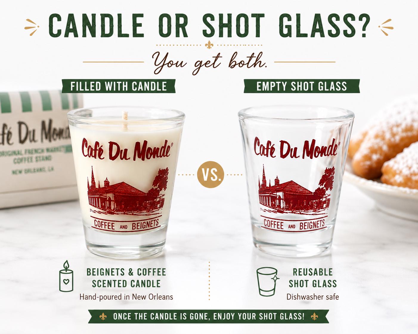 Official Café Du Monde Shot Glass Candle – Beignets & Coffee Scent, New Orleans Souvenir Gift, Reusable Shot Glass, French Quarter Favorite
