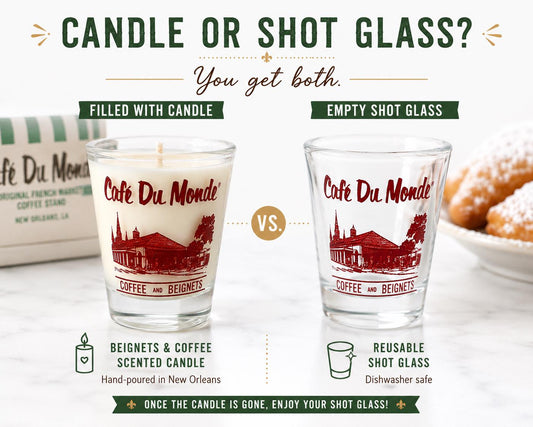 Official Café Du Monde Shot Glass Candle – Beignets & Coffee Scent, New Orleans Souvenir Gift, Reusable Shot Glass, French Quarter Favorite