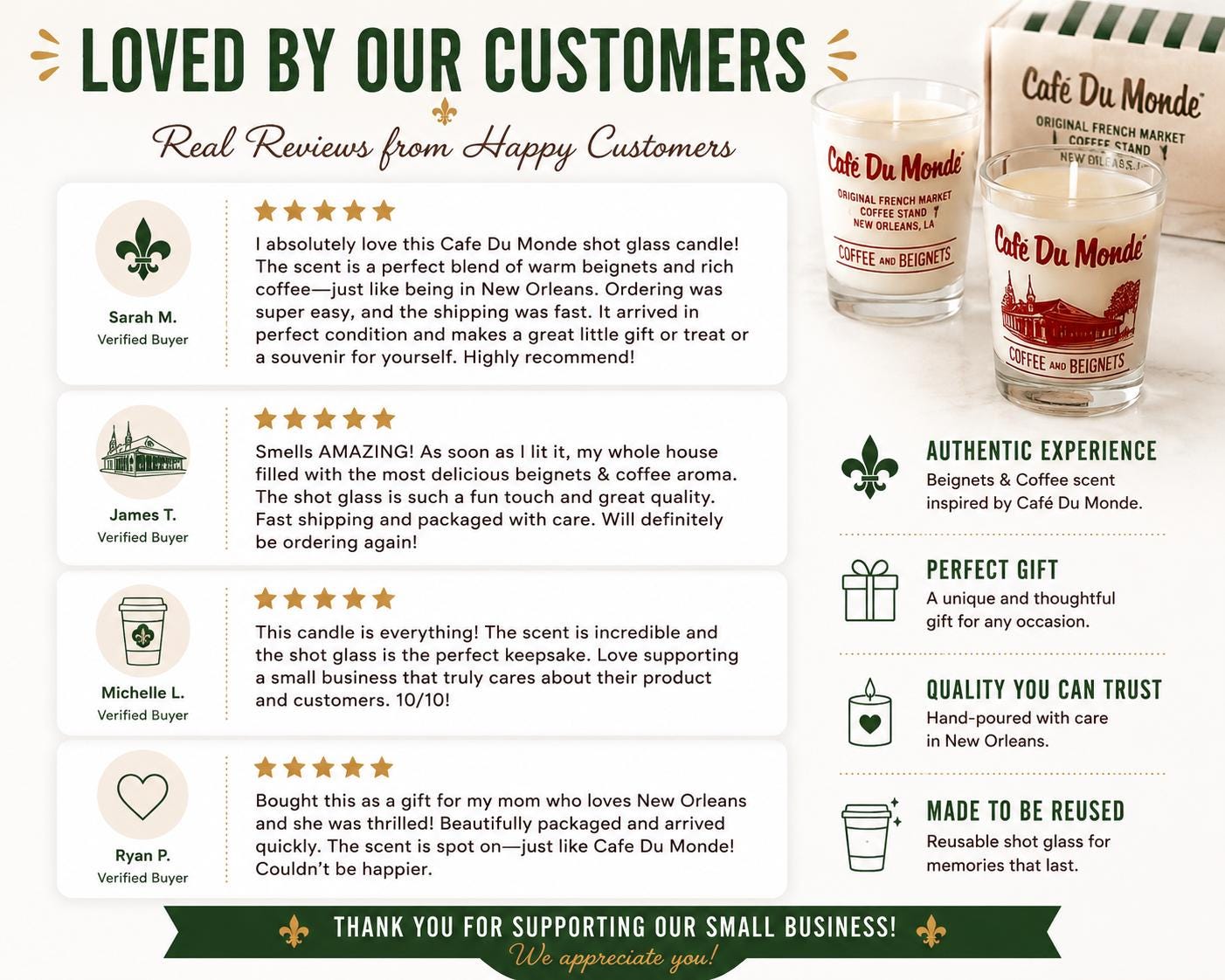 Official Café Du Monde Shot Glass Candle – Beignets & Coffee Scent, New Orleans Souvenir Gift, Reusable Shot Glass, French Quarter Favorite