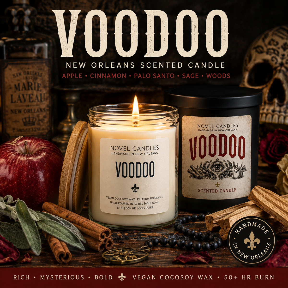 VOODOO Candle: Apple Cinnamon Palo Santo Sage Scented, Color-Changing Wax, Made in New Orleans Themed Halloween Fall Witchy Candle