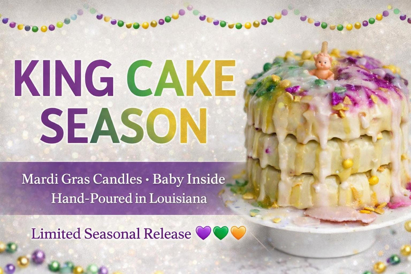 King Cake Scented Candle with Baby | Mardi Gras Decor, NOLA Gift