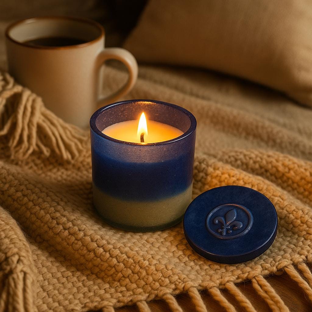 Blue Egret Candle: Citrus Sage Scent, Recycled Glass NOLA Gift