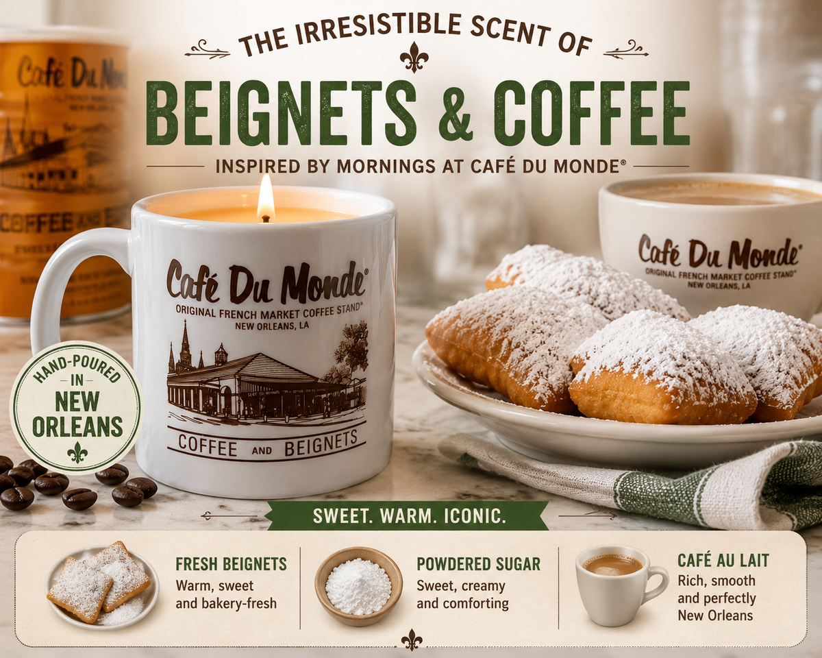 Official Cafe Du Monde Mug Candle – Beignets & Coffee Scent, 10oz Reusable Coffee Mug, New Orleans Souvenir Gift