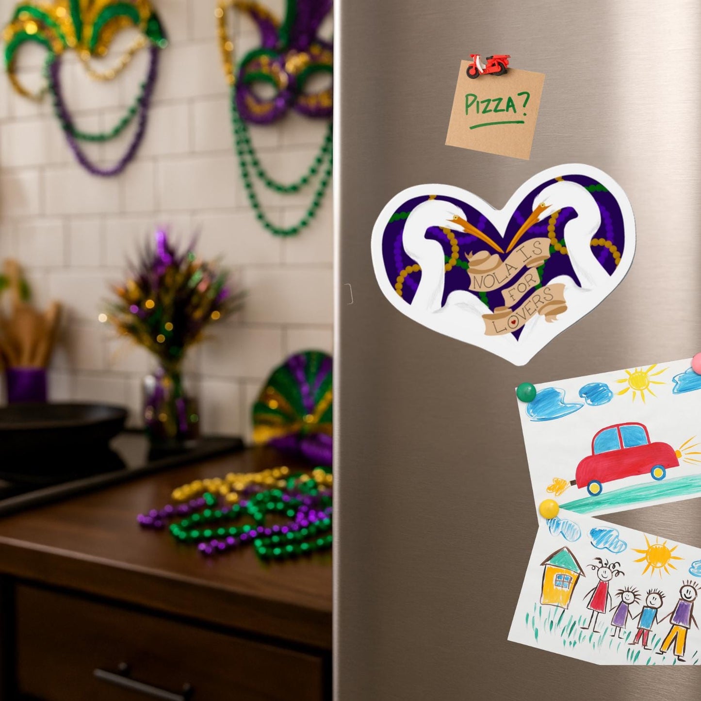 NOLA IS FOR LOVERS Magnet —New Orleans Heart Magnet,  Egrets Lovebirds in Mardi Gras Beads, Louisiana Gift Draw by Local Artist