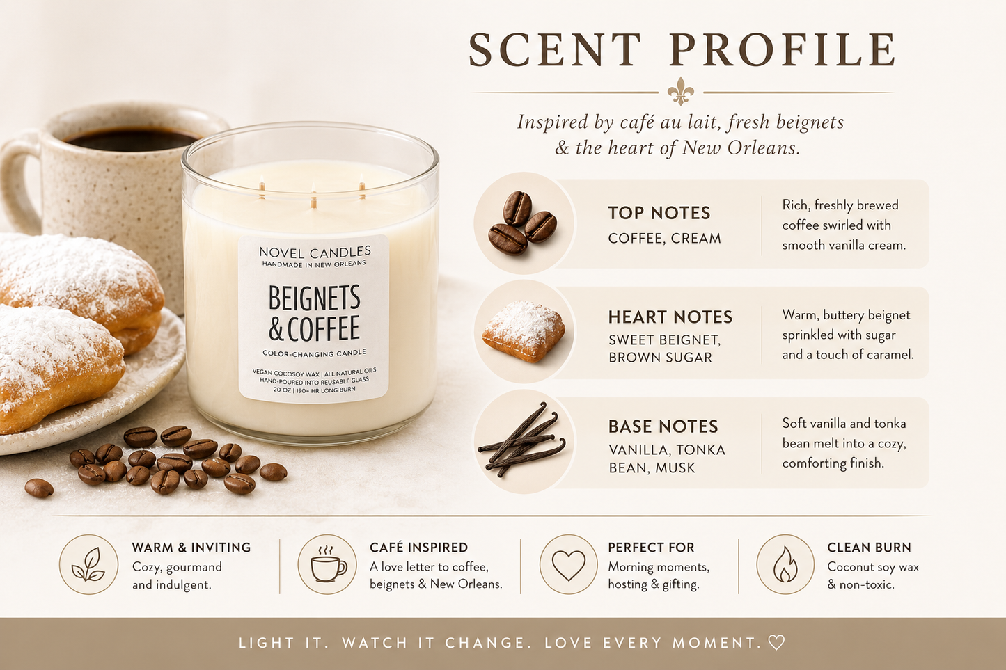 Beignets & Coffee Scented Candle – Official Cafe Du Monde Candle Scent | Handmade in New Orleans Foodie Gift | NOLA Vacation Souvenir