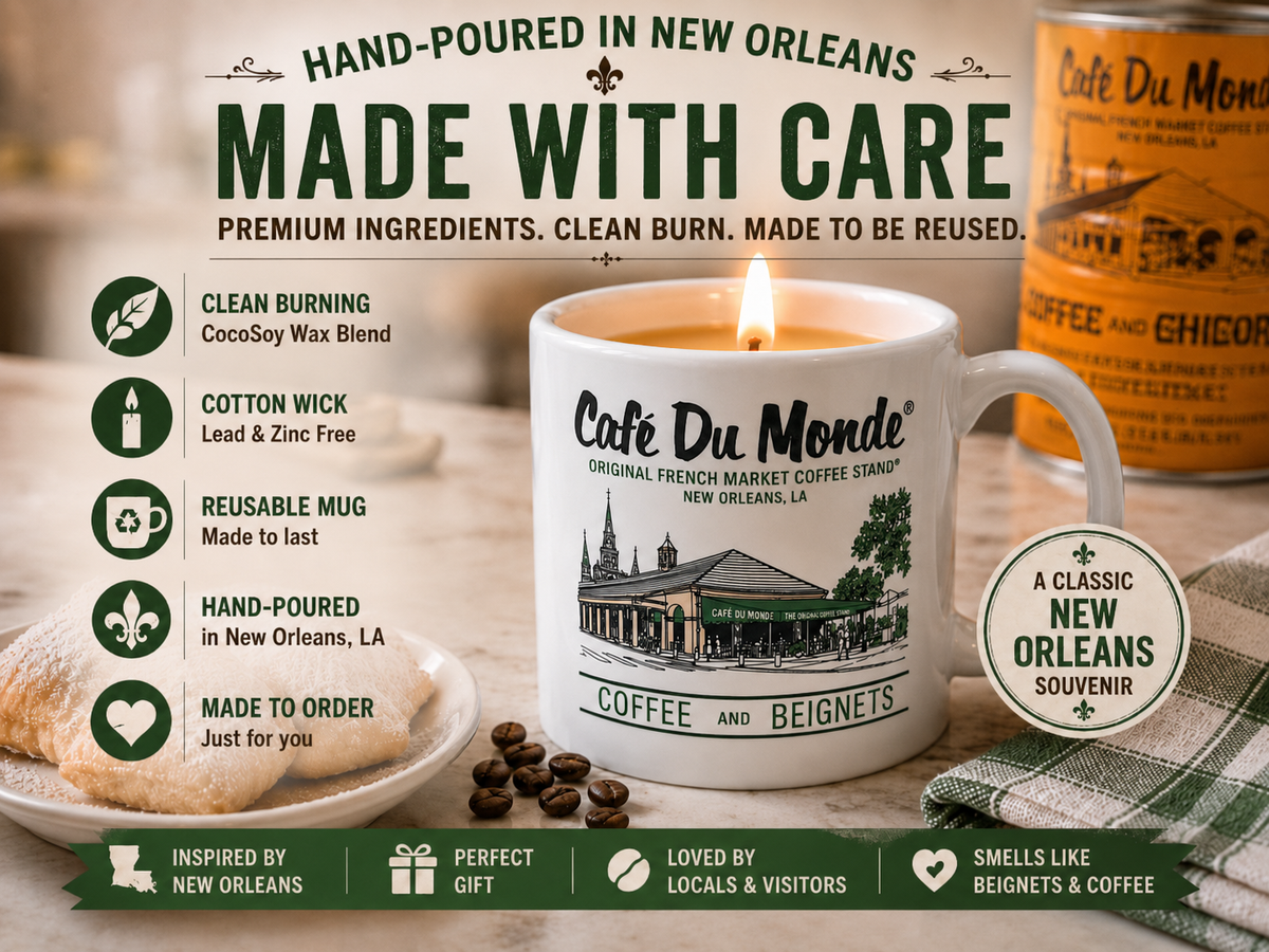 Official Cafe Du Monde Mug Candle – Beignets & Coffee Scent, 10oz Reusable Coffee Mug, New Orleans Souvenir Gift