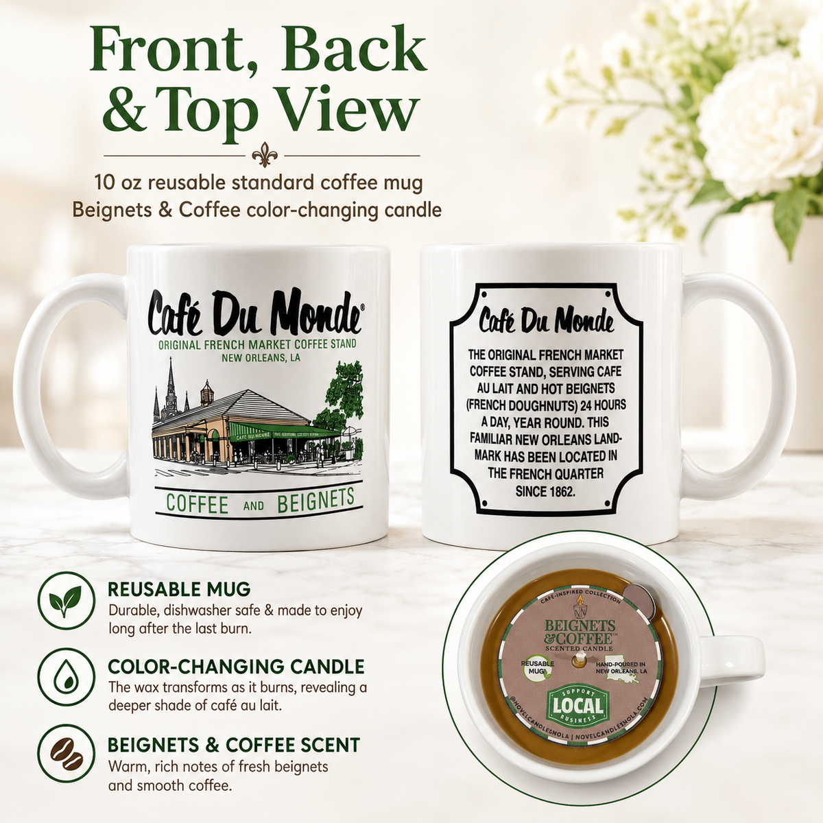 Official Cafe Du Monde Mug Candle – Beignets & Coffee Scent, 10oz Reusable Coffee Mug, New Orleans Souvenir Gift