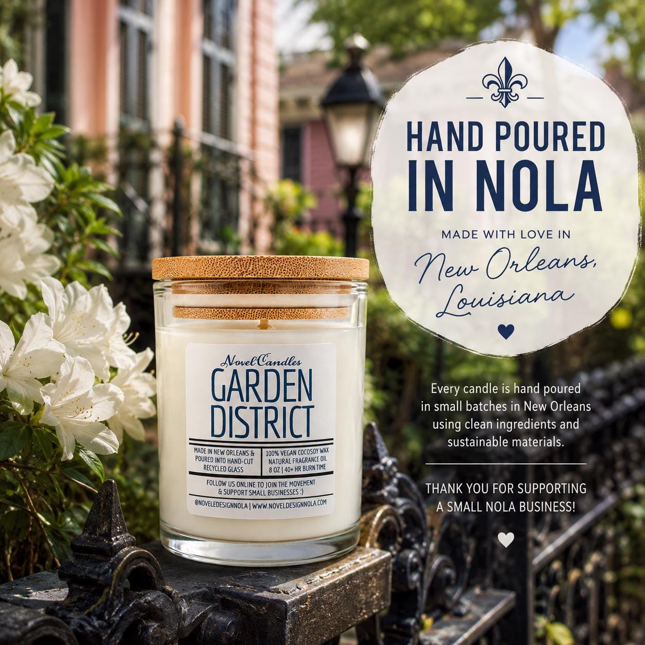 Garden District — Rose & Jasmine Scented Candle Eucalyptus, Vegan CocoSoy-Beeswax, New Orleans Home Decor